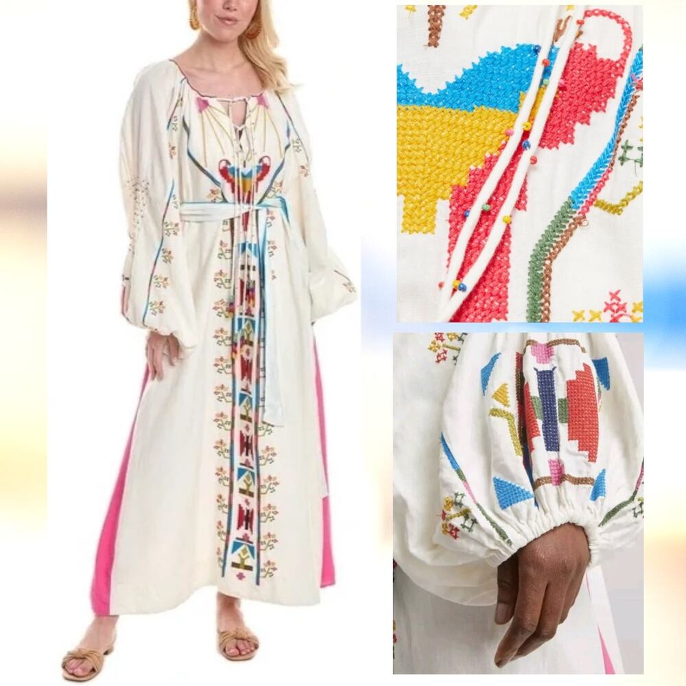 FARM RIO Macaw Embroidered Beaded Maxi Dress Caftan Tapestry Ethereal Wedding
